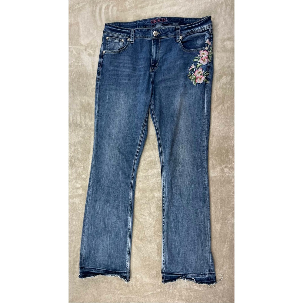Grace in LA Floral Embroidered Bootcut Jeans Medium Wash Frayed Hem Size 34